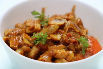 Chettinad mushroom masala, spicy dry curry of mushroom, Indian food