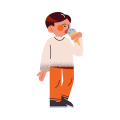 The funny young boy in orange pants eating ice cream. Vector illustration in the flat cartoon style.