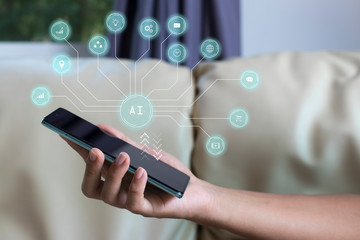 Mobile phone with communication icon floating above.