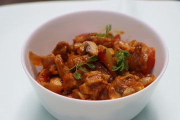 Chettinad mushroom masala, spicy dry curry of mushroom, Indian food