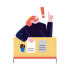 A red-haired woman having an idea at the workplace sitting at the table. Vector illustration in the flat cartoon style.