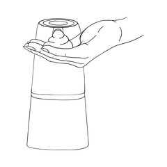 Female hand use modern automatic soap foam dispenser close up. Hygiene product prevention from viruses, bacteria. Vector template isolated flat doodle realistic black outline white background icon.