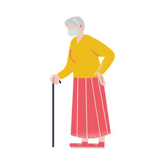 White-haired old woman with a stick in her hand walking with the protective medical face mask. Vector illustration in cartoon style