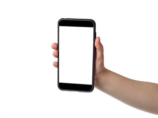 Kid hand holding smortphone with white screen for your text. Isolated