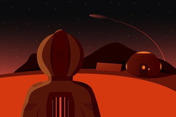 An astronaut in a space suit on Mars. Red planet with a residential module, solar panels, mountain and a flying rocket on the background. Vector illustration design for your project and business. © RBT_ART