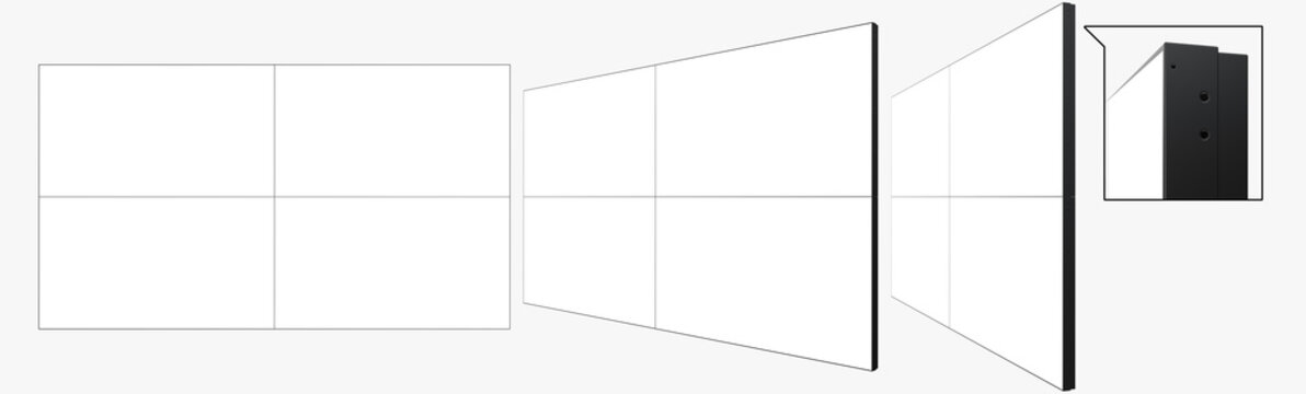 Set of Views of Detailed 2x2 Video Wall Templates (4 screens). 3D Render Isolated on White Background.