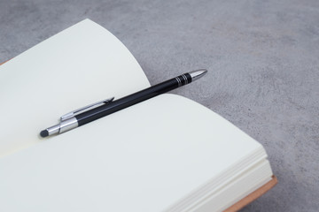 Creative writing, book and pen close up