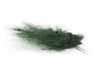 Green spirulina powder isolated on white background