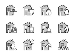 Alarm, icons, set, line drawing, gray. Home and property insurance. Smart house. Security. Vector images.  