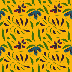 Fototapeta na wymiar seamless pattern with flowers and leaves hohloma style