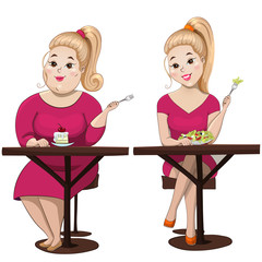 Fat girl with a cake vs slender girl with salad, vector illustration