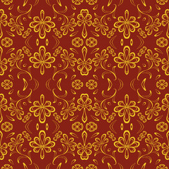 seamless pattern with leaves and flowers linocut style