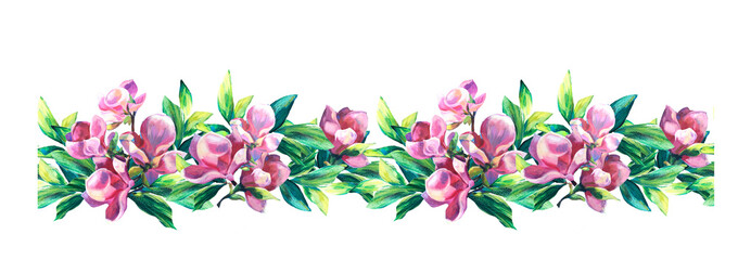 Seamless Floral Border with hand painted Flowers of Pink Magnolia and green leaves. Oil painted texture. Summer. Design element for cards, invitations, wedding, congratulations
