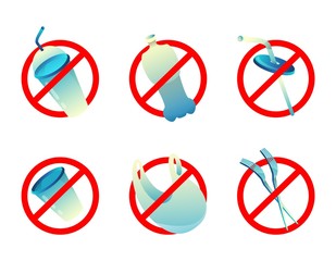 Set sign stop use plastic garbage on white background. Illustration concept problem no pollution environment. Vector stock isolated trash icon: glass, fork and package, straw, bottle, rings for cans.
