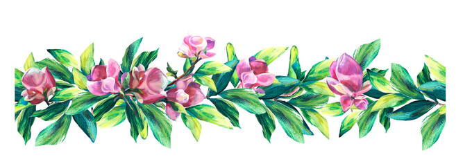 Seamless Floral Border with hand painted Flowers of Pink Magnolia and green leaves. Oil painted texture. Summer. Design element for cards, invitations, wedding, congratulations
