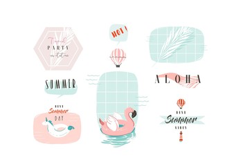 Hand drawn vector abstract cartoon summer time fun illustrations signs collection set with pink flamingo,unicorn buoy rings and modern typography quotes isolated on white background