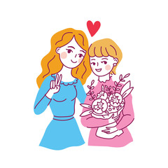 Happy friendship day. Mother and daughter. Doodle kawaii style