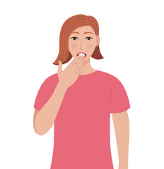 Shocked young woman closed mouth with hand while eyes open widely. Woman covering mouth with hand. Vector illustration in cartoon style.