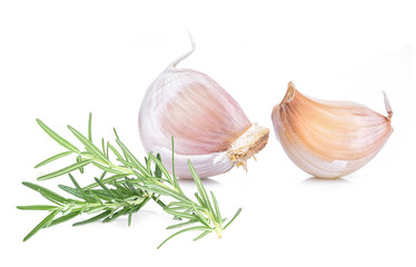 Rosemary and garlic isolated on white background.
