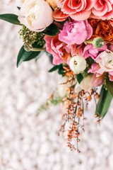 Close up of pink and lilac wedding bouquet. Wedding decoration. Bride's wedding bouquet. Fresh flower decoration.