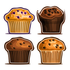 Vector Set of assorted Muffins, collection of 4 cut out illustrations of diverse muffins with blueberry and chocolate chips in paper case, set of fresh baked goods for cafe menu on white background.