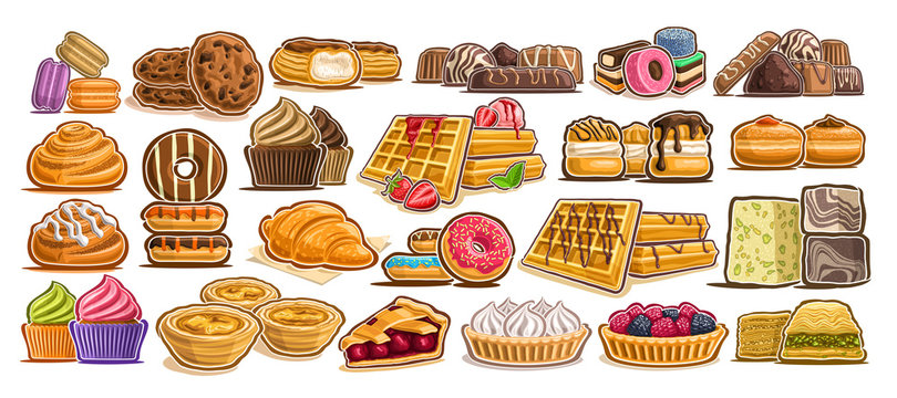 Vector Set of assorted Desserts, lot collection of 23 isolated illustrations of delicacy cakes and gastronomy delicious desserts, group of many cut out diverse baked goods for cafe or restaurant menu.