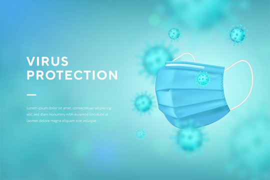 Realistic medical face mask and virus background. Details 3d medical mask banner, modern 3D design concept of marketing for banner and website, landing page template. Vector illustration.