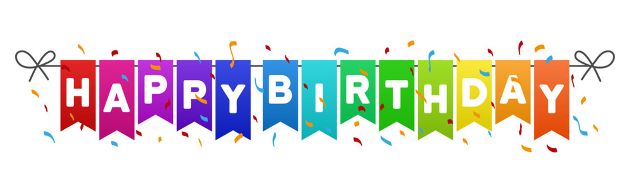 Happy birthday flags banner with confetti on white background.