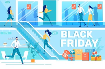 Black Friday Sales in Shopping Center Flat Vector Advertising Banner with Female, Male Customers Running on City Mall Floors, Hurrying to Buy Clothing, Purchase Goods with Big Discounts Illustration