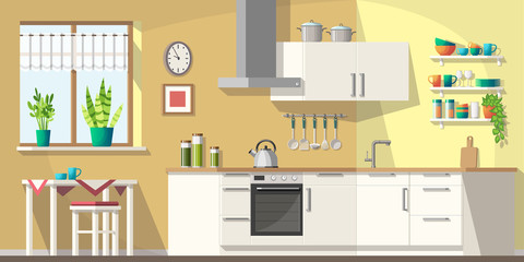 Kitchen with furniture and utensils. Vector illustration with separate layers.