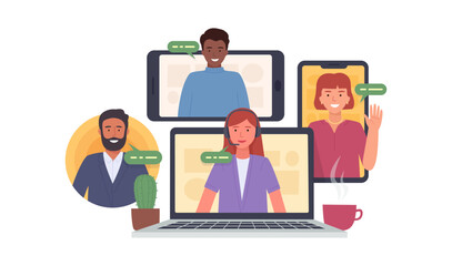 Video conference. Colleagues taking part in video conference in home. Virtual work meeting. Software for online communication. Vector illustration