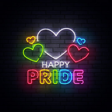 Pride neon sign, bright signboard, light banner. Happy Pride Day logo neon, emblem and label. Vector illustration