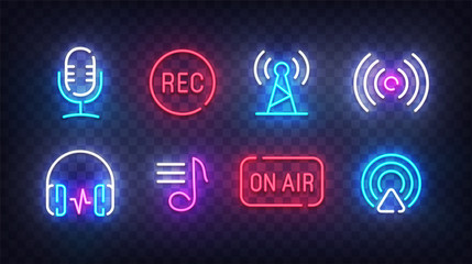 Podcast icon neon. Podcast light signs. Sign boards, line art light banner. Vector Illustration - obrazy, fototapety, plakaty