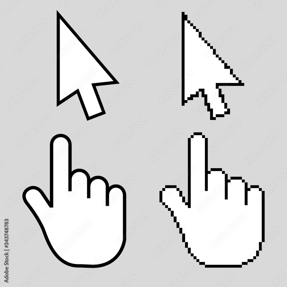 Poster hand cursor icon with an index finger and arrow. pixel design graphics for modern computer technolog