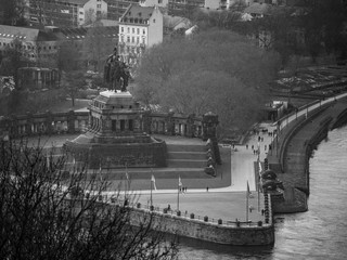 German Corner, German: Deutches Eck, Headland at Mosel and Rhine river confluence with monumental...