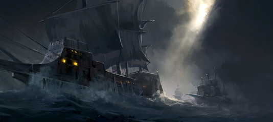 Digital painting of ancient warships traveling on rough seas.