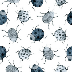 blue beetle, wild insect, indigo seamless pattern, wild insects, watercolor vintage hand drawing