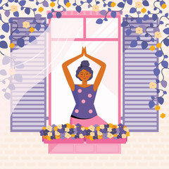 Young woman practices meditation and yoga at home. The person in the window is engaged in sports. Spending time at home. Leisure in quarantine. Facade of the house with a window and flowers In vector.