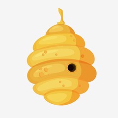 Yellow bee hive in cartoon style. Full of fresh honey. Oval-ribbed with a round central entrance. Bee hive graphics on an isolated white background.