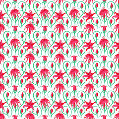 Background with scarlet tiger lily flowers, green leaves and curls.