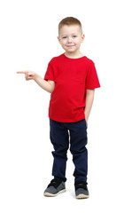  boy in a red t-shirt shows something