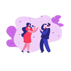 Singers man and woman with microphones on stage. The concept of a concert, pop party, musical vocal duet, performers of musical numbers and musicals.