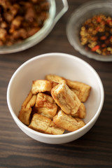 indonesian fried tofu or tahu goreng traditional soy bean extract