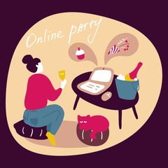 Girl drinks wine at online party during the quarantine period. Online party, friends parties, video conference. Remote Network Communication. Vector flat illustration