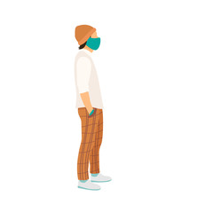 man stand in a medical mask and gloves, casual wear full-length side view. flat vector illustration