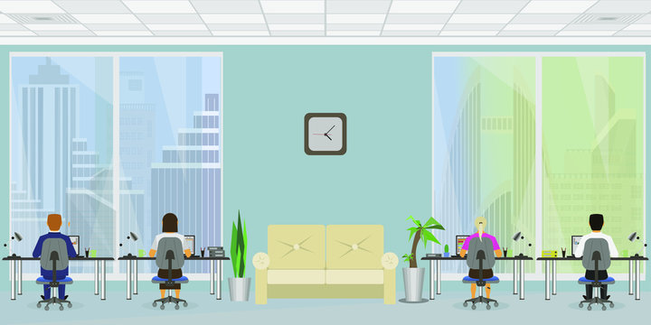 Office interior. business workplace or workspace. Office workplace with people. Vector illustration.