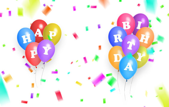 Happy Birthday banner with color balloons and confetti