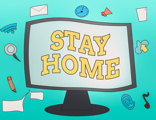 Handwriting text Stay Home. Conceptual photo not go out for an activity and stay inside the house or home Web Application Software icons Surrounding Blank Mounted Computer Monitor