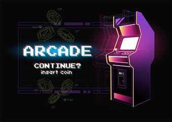 Neon illustration of Arcade game machine. Retro gaming, Game of 80s-90s. Technology and entertainment concept. Advertisement design. - obrazy, fototapety, plakaty