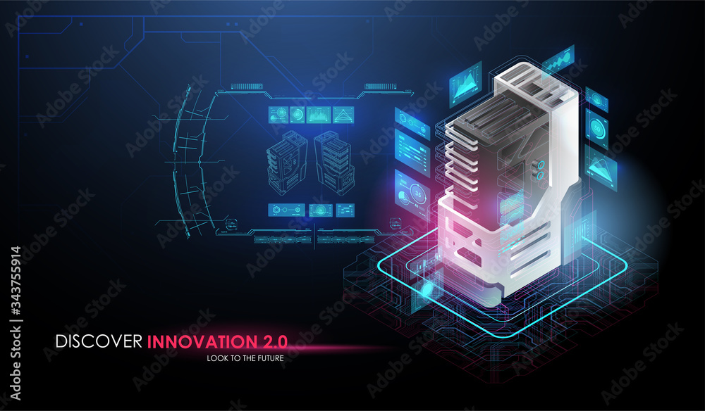 Poster artificial intelligence and robotic quantum computing processor concept. creative isometric illustra
